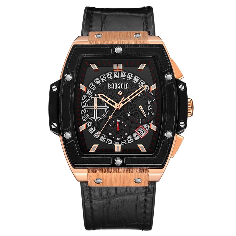 Baogela Marke Fashion Herren Sport wasserdichte Kalender Handgelenk Uhr Square Multifunktion Silikonband Herren Uhr 1703 Rose Schwarz