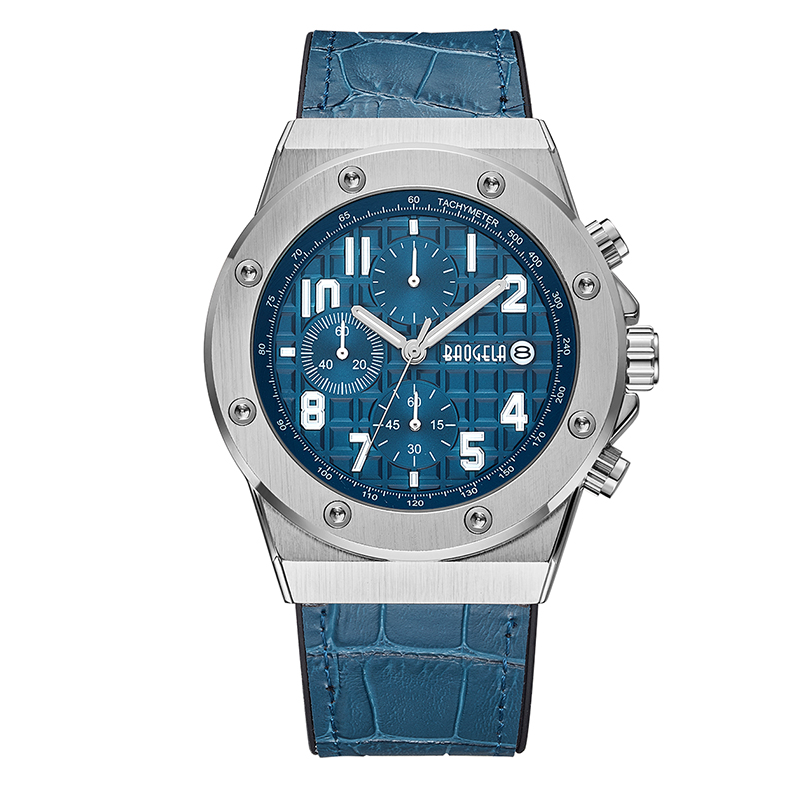 Baogela Men \'s Chronograph Quartz Uhren 2022 Neue wasserdichte Sport -Casual -Handgelenk -Uhr -Leder -Gurtuhr 1805 Blau