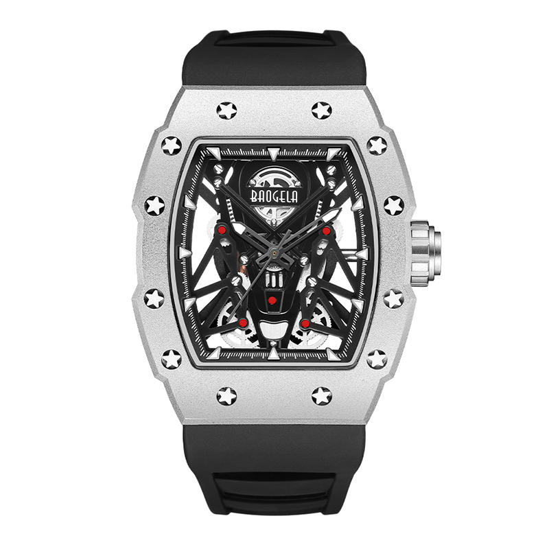 Baogela Silver Black Sport Quarz Uhr für Männer Tonneau Zifferblatt Analoges wasserdichte Armbanduhr mit Silikongurt leuchtende Hände 4145